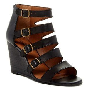 Lucky Brand Reynolds Wedge Sandal Caged Strappy Buckled Leather Open Toe Shoes